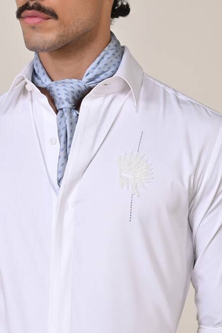 Buy_S&N By Shantnu Nikhil_Off White Viscose, Polyester Embroidery Crest Shirt_Online_at_Aza_Fashions