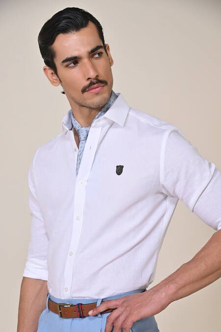 Shop S&N By Shantnu Nikhil Off White Linen Embroidery Embellished Shirt Online at Aza Fashions Shop_S&N By Shantnu Nikhil_Off White Linen Embroidery Embellished Shirt_Online_at_Aza_Fashions