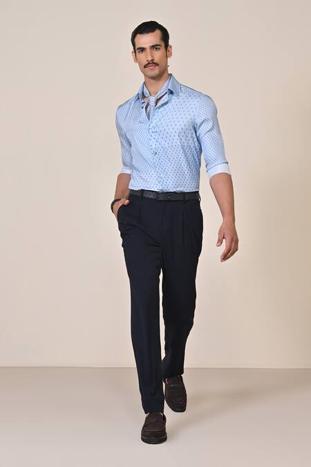 S&N By Shantnu Nikhil Blue Silk Embroidery Light Adamas Print Shirt Online at Aza Fashions S&N By Shantnu Nikhil_Blue Silk Embroidery Light Adamas Print Shirt_Online_at_Aza_Fashions