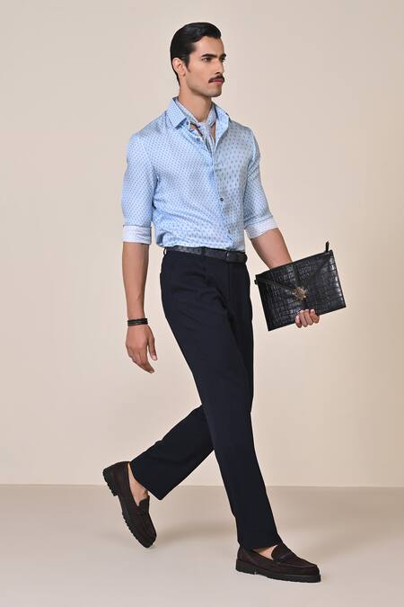 Buy S&N By Shantnu Nikhil Blue Silk Embroidery Light Adamas Print Shirt Online at Aza Fashions Buy_S&N By Shantnu Nikhil_Blue Silk Embroidery Light Adamas Print Shirt_Online_at_Aza_Fashions