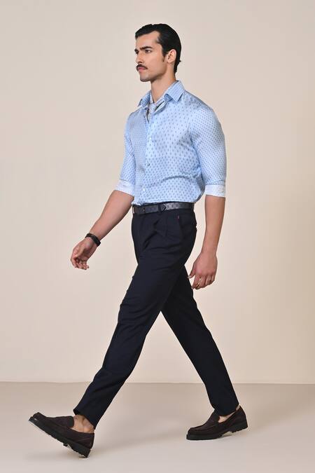Shop S&N By Shantnu Nikhil Blue Silk Embroidery Light Adamas Print Shirt Online at Aza Fashions Shop_S&N By Shantnu Nikhil_Blue Silk Embroidery Light Adamas Print Shirt_Online_at_Aza_Fashions