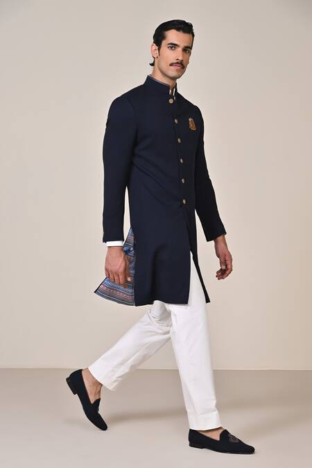 S&N By Shantnu Nikhil Blue Polyester Faux Leather Embellished Sherwani Online at Aza Fashions S&N By Shantnu Nikhil_Blue Polyester Faux Leather Embellished Sherwani_Online_at_Aza_Fashions