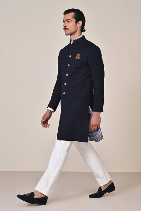 Buy S&N By Shantnu Nikhil Blue Polyester Faux Leather Embellished Sherwani Online at Aza Fashions Buy_S&N By Shantnu Nikhil_Blue Polyester Faux Leather Embellished Sherwani_Online_at_Aza_Fashions