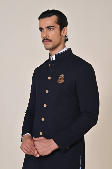 Shop S&N By Shantnu Nikhil Blue Polyester Faux Leather Embellished Sherwani Online at Aza Fashions Shop_S&N By Shantnu Nikhil_Blue Polyester Faux Leather Embellished Sherwani_Online_at_Aza_Fashions