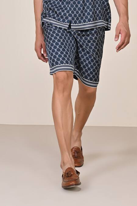 S&N By Shantnu Nikhil Blue Silk Adamas Print Twill Shorts Online at Aza Fashions S&N By Shantnu Nikhil_Blue Silk Adamas Print Twill Shorts_Online_at_Aza_Fashions
