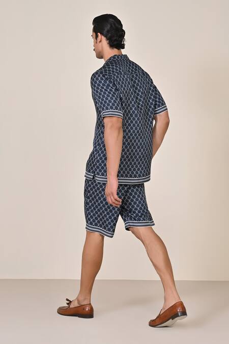 Shop S&N By Shantnu Nikhil Blue Silk Adamas Print Twill Shorts at Aza Fashions Shop_S&N By Shantnu Nikhil_Blue Silk Adamas Print Twill Shorts_at_Aza_Fashions