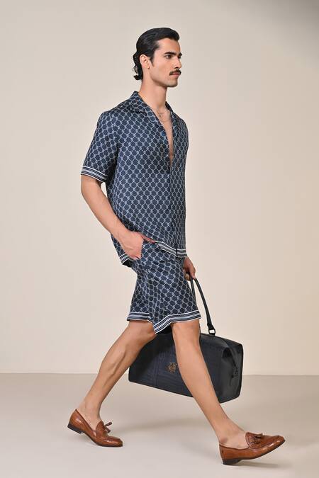 Shop S&N By Shantnu Nikhil Blue Silk Adamas Print Twill Shorts Online at Aza Fashions Shop_S&N By Shantnu Nikhil_Blue Silk Adamas Print Twill Shorts_Online_at_Aza_Fashions