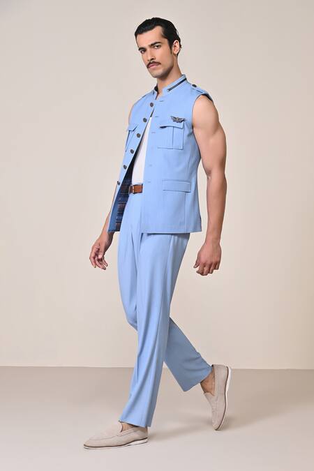 S&N By Shantnu Nikhil_Blue Brooches Faux Leather Embellished Waistcoat_Online_at_Aza_Fashions