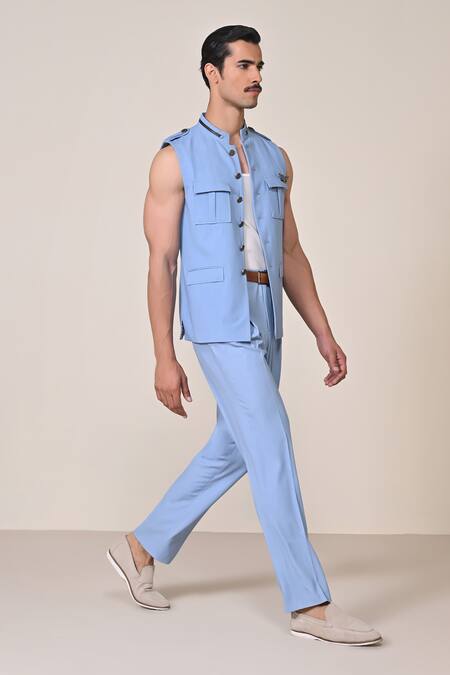 Buy_S&N By Shantnu Nikhil_Blue Brooches Faux Leather Embellished Waistcoat_Online_at_Aza_Fashions