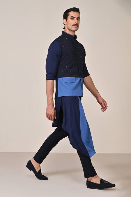 S&N By Shantnu Nikhil_Blue Viscose Colorblock Rivet Embellished Waistcoat_Online_at_Aza_Fashions