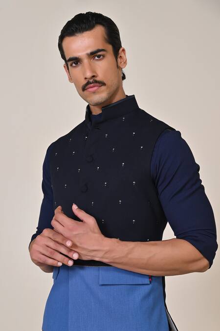 Buy_S&N By Shantnu Nikhil_Blue Viscose Colorblock Rivet Embellished Waistcoat_Online_at_Aza_Fashions