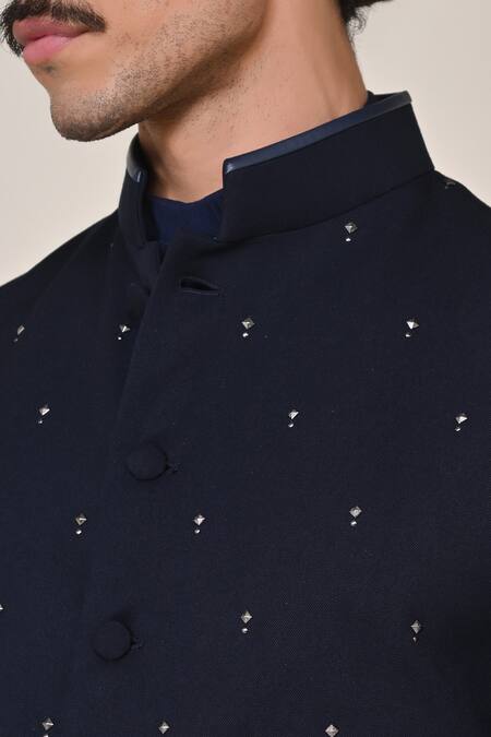 Shop_S&N By Shantnu Nikhil_Blue Viscose Colorblock Rivet Embellished Waistcoat_Online_at_Aza_Fashions