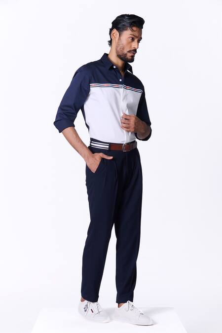 S&N By Shantnu Nikhil White Cotton, Lycra Embroidery Sncc Logo Stripe Print Shirt Online at Aza Fashions S&N By Shantnu Nikhil_White Cotton, Lycra Embroidery Sncc Logo Stripe Print Shirt_Online_at_Aza_Fashions