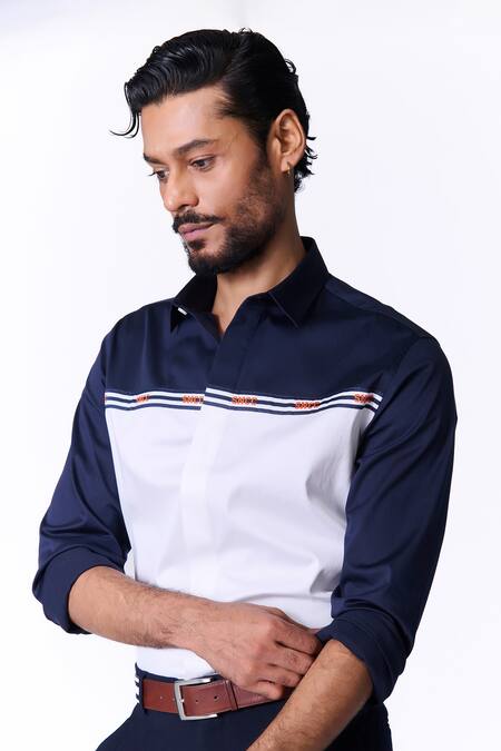 Shop S&N By Shantnu Nikhil White Cotton, Lycra Embroidery Sncc Logo Stripe Print Shirt Online at Aza Fashions Shop_S&N By Shantnu Nikhil_White Cotton, Lycra Embroidery Sncc Logo Stripe Print Shirt_Online_at_Aza_Fashions