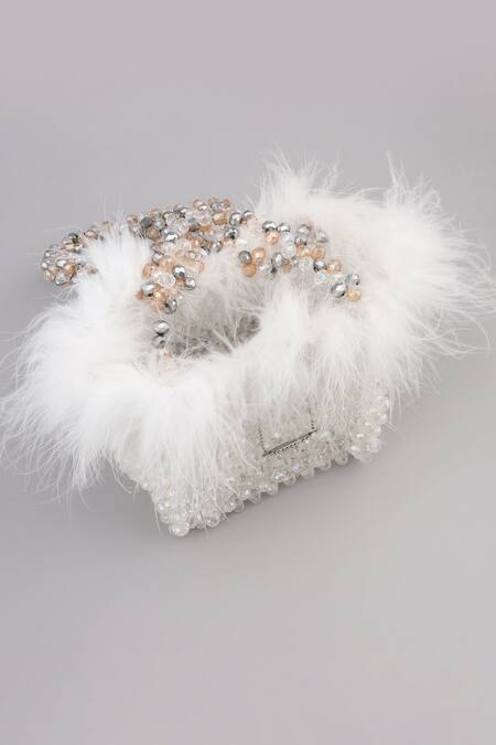 Modarta_Silver Crystals, Beads Embellished Fur Clutch _Online_at_Aza_Fashions