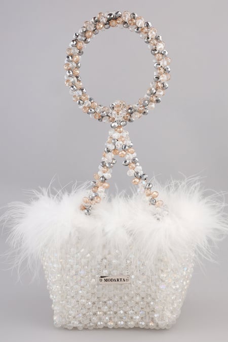 Buy_Modarta_Silver Crystals, Beads Embellished Fur Clutch _Online_at_Aza_Fashions