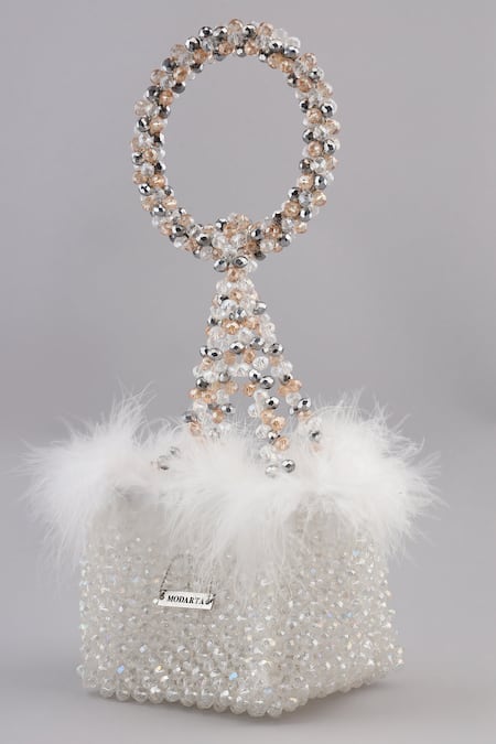 Modarta Crystal Bead Embellished Fur Clutch 