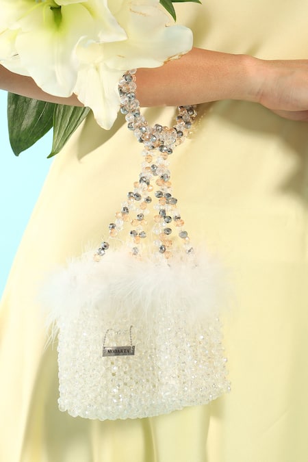 Buy_Modarta_Silver Crystals, Beads Embellished Fur Clutch 