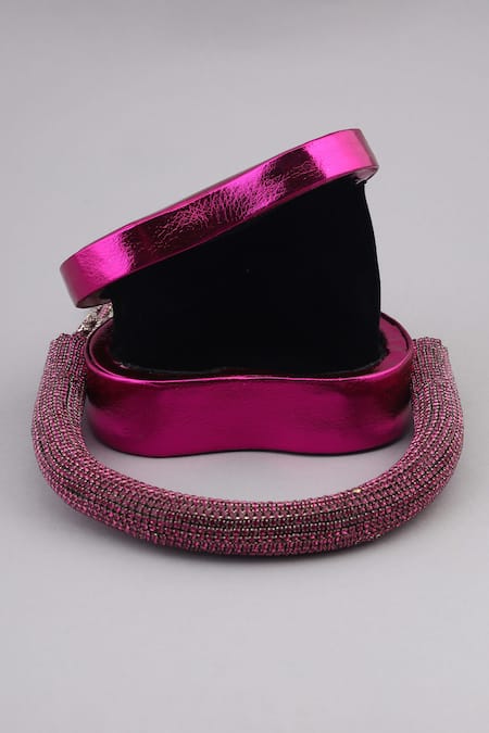 Buy_Modarta_Pink Crystals Chain Heart Shaped Clutch_Online_at_Aza_Fashions