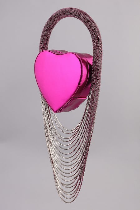 Shop_Modarta_Pink Crystals Chain Heart Shaped Clutch_Online_at_Aza_Fashions
