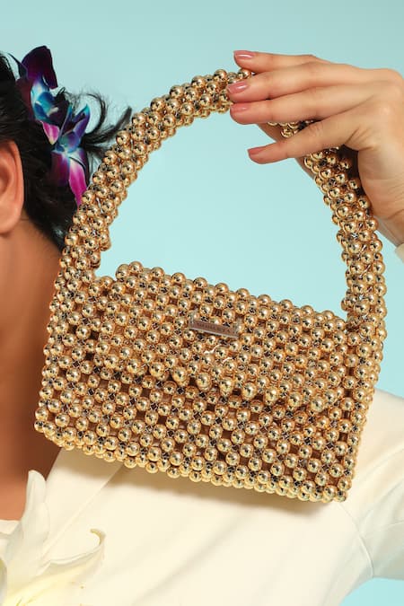 Shop Modarta Gold Beads Embellished Handbag Shop_Modarta_Gold Beads Embellished Handbag