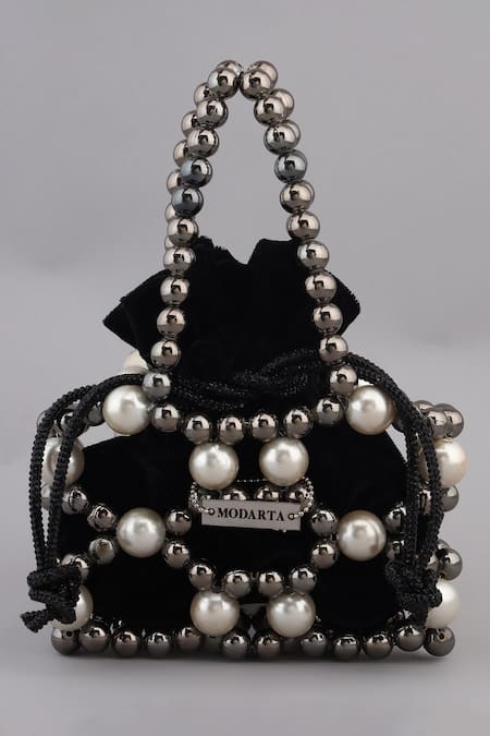 Shop Modarta Black Pearls, Beads Embellished Potli Handbag at Aza Fashions Shop_Modarta_Black Pearls, Beads Embellished Potli Handbag _at_Aza_Fashions
