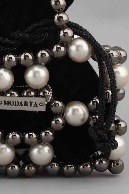 Shop Modarta Black Pearls, Beads Embellished Potli Handbag Online at Aza Fashions Shop_Modarta_Black Pearls, Beads Embellished Potli Handbag _Online_at_Aza_Fashions