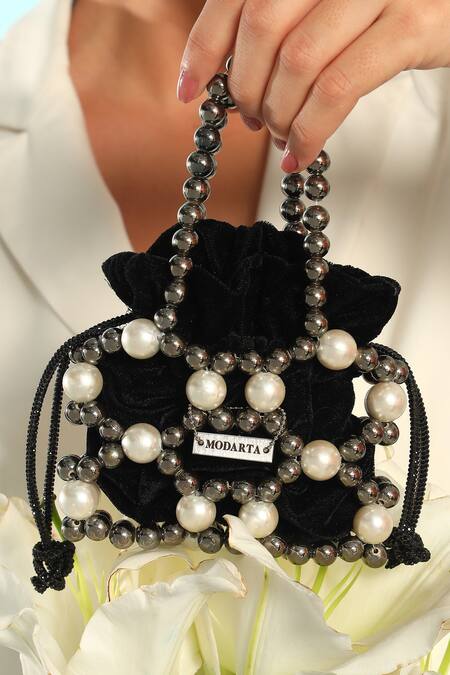 Buy Modarta Black Pearls, Beads Embellished Potli Handbag Buy_Modarta_Black Pearls, Beads Embellished Potli Handbag