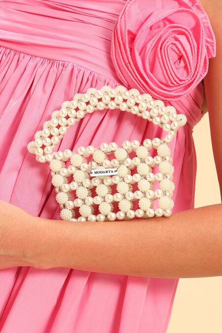 Buy Modarta White Pearls Embellished Mini Purse Buy_Modarta_White Pearls Embellished Mini Purse