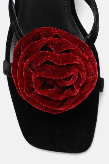 Zori World_Maroon Fabric Flowers Rose Applique Velvet Heels _at_Aza_Fashions