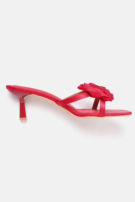 Zori World_Red Fabric Flowers Velvet Applique Heels _Online_at_Aza_Fashions