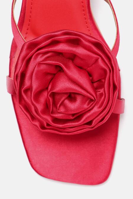 Zori World_Red Fabric Flowers Velvet Applique Heels _at_Aza_Fashions