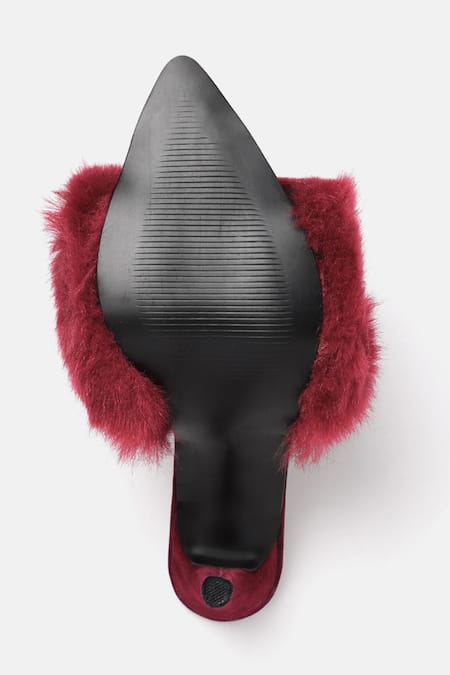 Zori World_Maroon Faux Fur Embellished Stiletto Heels _Online_at_Aza_Fashions