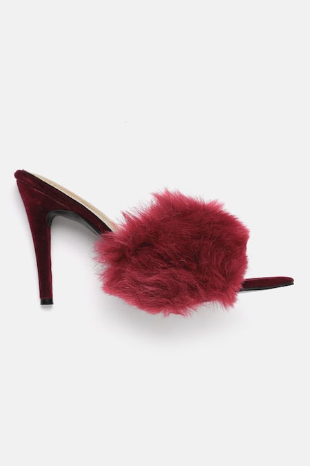 Shop_Zori World_Maroon Faux Fur Embellished Stiletto Heels _Online_at_Aza_Fashions