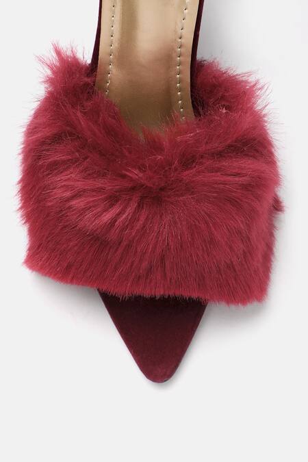 Zori World_Maroon Faux Fur Embellished Stiletto Heels _at_Aza_Fashions