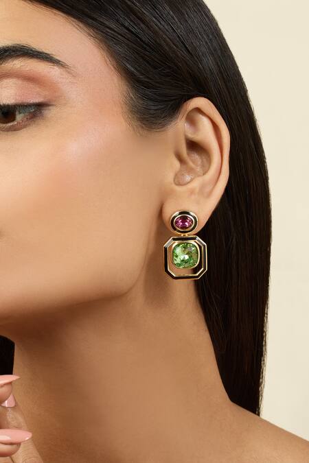 Shop_Isharya_Multi Color Crystals Mismatched Drop Earrings _Online_at_Aza_Fashions