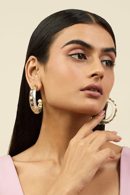 Shop Isharya White Crystals Embellished Hoop Earrings Online at Aza Fashions Shop_Isharya_White Crystals Embellished Hoop Earrings _Online_at_Aza_Fashions