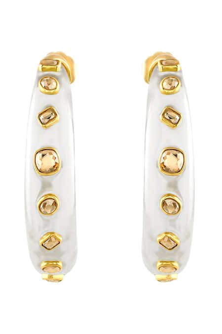 Shop Isharya White Crystals Embellished Hoop Earrings at Aza Fashions Shop_Isharya_White Crystals Embellished Hoop Earrings _at_Aza_Fashions