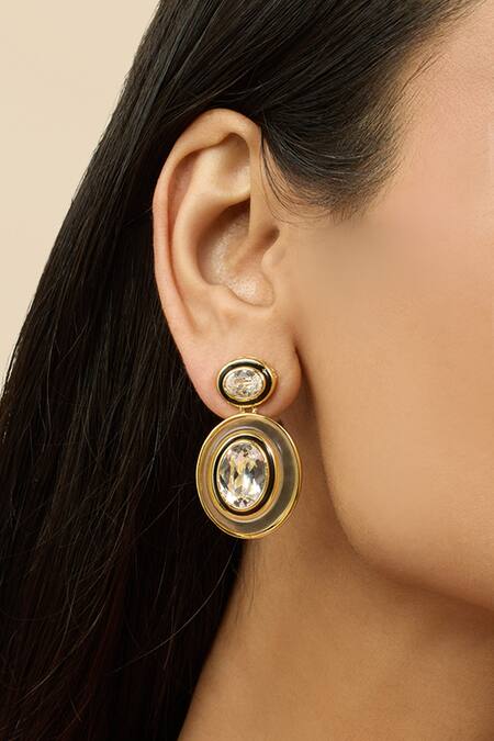 Shop_Isharya_Gold Plated Crystals Embellished Danglers_Online_at_Aza_Fashions