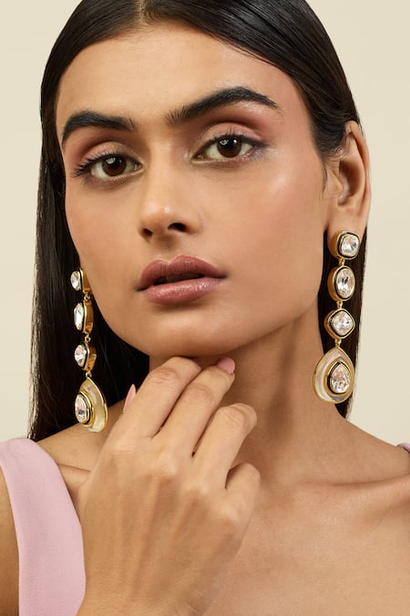Shop Isharya Gold Plated Crystals Embellished Dangler Earrings Online at Aza Fashions Shop_Isharya_Gold Plated Crystals Embellished Dangler Earrings _Online_at_Aza_Fashions