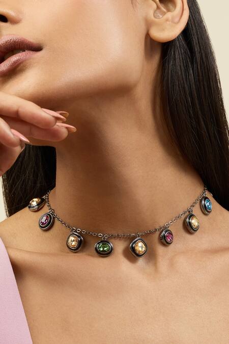 Shop Isharya Multi Color Crystal Choker Necklace Online at Aza Fashions Shop_Isharya_Multi Color Crystal Choker Necklace_Online_at_Aza_Fashions