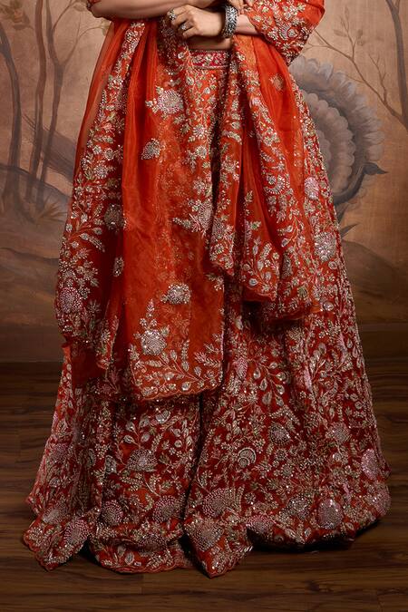 Buy_Mehar_Red Organza Sequins, Beads, Zari Scoop Neck Floral Vine Embroidered Lehenga Set _Online_at_Aza_Fashions