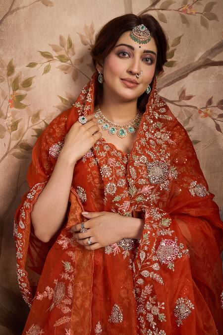 Mehar_Red Organza Sequins, Beads, Zari Scoop Neck Floral Vine Embroidered Lehenga Set _at_Aza_Fashions