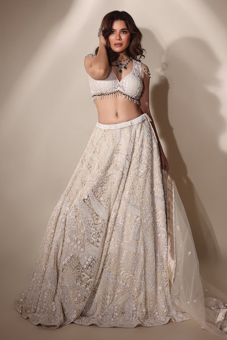 Mehar_Ivory Net Pearls, Sequins Plunge Neck Geometric Embroidered Lehenga Set _Online_at_Aza_Fashions