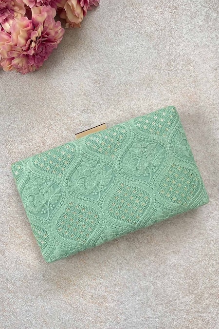 Shop Amyra Green Sequins Mughal Embroidered Clutch at Aza Fashions Shop_Amyra_Green Sequins Mughal Embroidered Clutch _at_Aza_Fashions