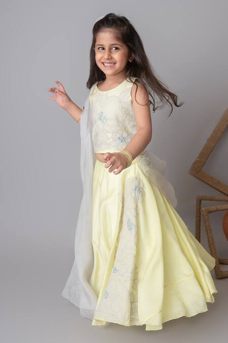MI Dulce AN'YA_Yellow Chanderi, Organza, Cotton Embroidery, Floral Applique Lehenga Set _Online_at_Aza_Fashions