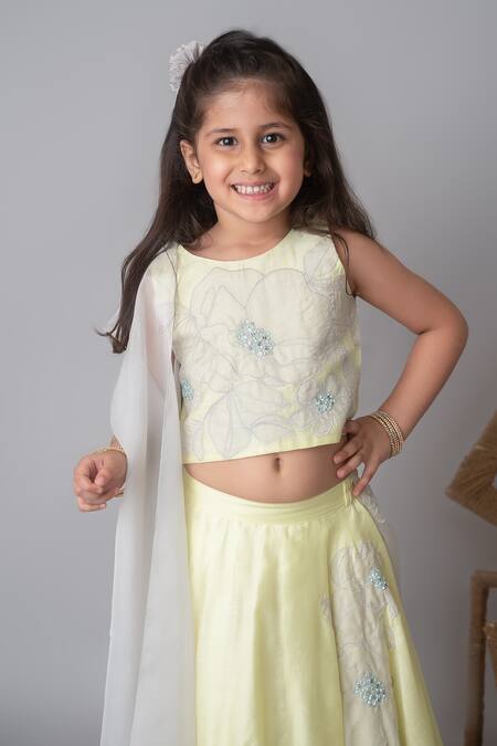 Shop_MI Dulce AN'YA_Yellow Chanderi, Organza, Cotton Embroidery, Floral Applique Lehenga Set _Online_at_Aza_Fashions
