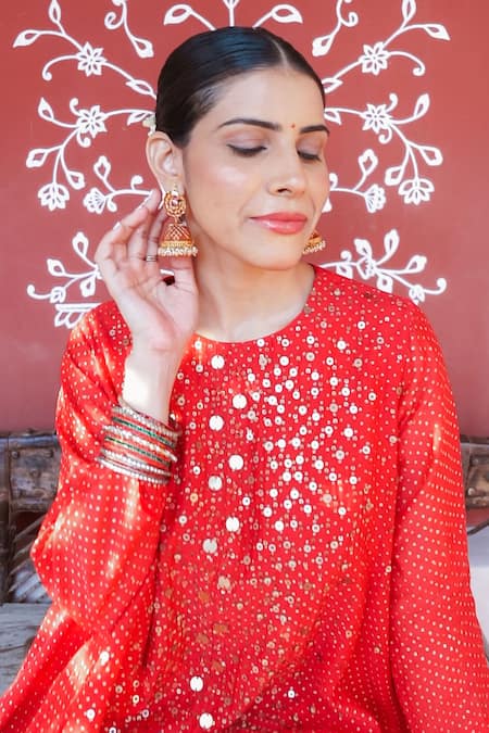 Buy_Brahmand By Vertika Kalra_Red Chanderi Beads Round Neck Embroidered Asymmetric Kurta And Dhoti Pant Set _Online_at_Aza_Fashions