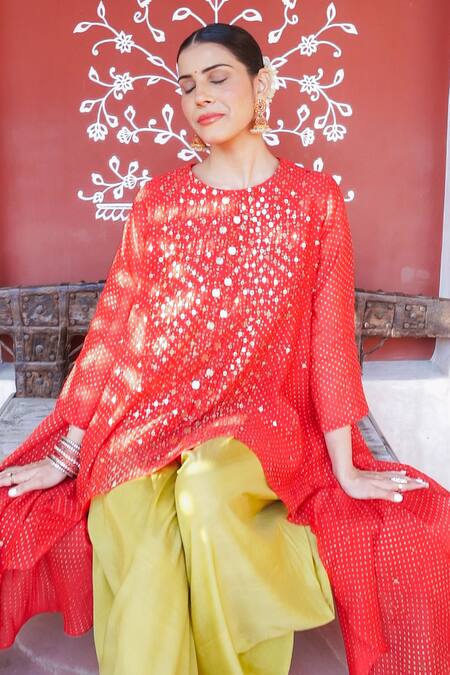 Shop_Brahmand By Vertika Kalra_Red Chanderi Beads Round Neck Embroidered Asymmetric Kurta And Dhoti Pant Set 