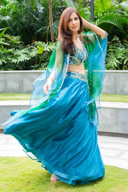 Saahiil Kapoor_Blue Silk, Chanderi Embroidery, Sequins, Mirrors Open Dabka Lehenga And Cape Set _Online_at_Aza_Fashions